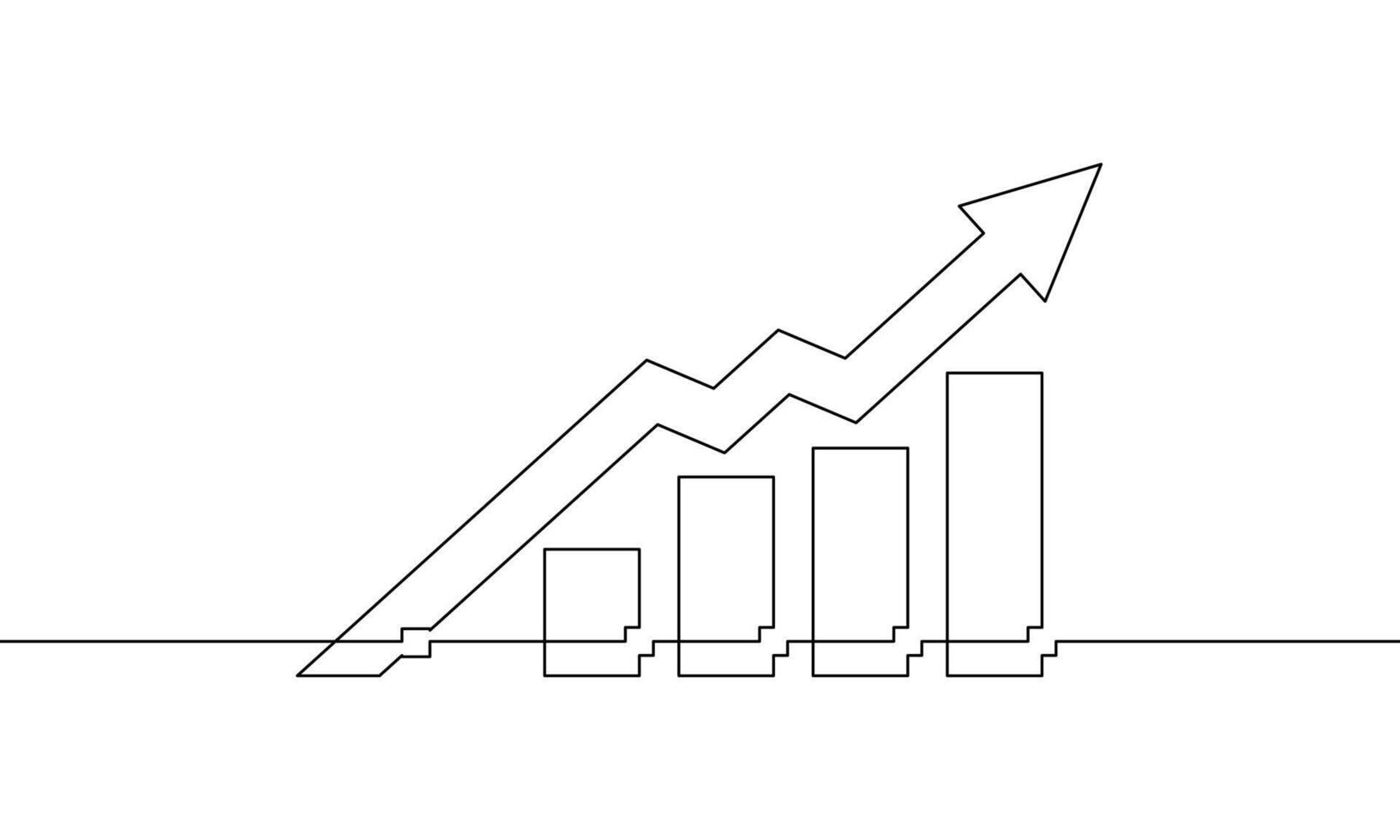 Continuous one line drawing of graph. Illustration of arrow up. Hand drawn of business icon. Increasing arrow up sign symbol. Single line art of bar chart, growth vector