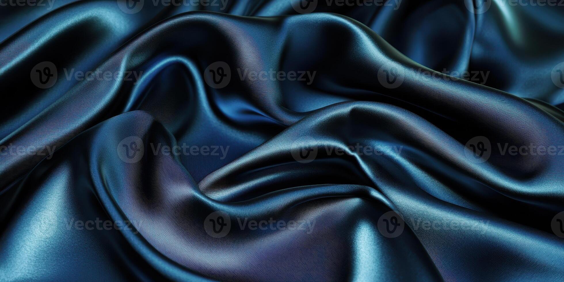 Closeup of rippled blue satin fabric texture background. Luxurious background design photo