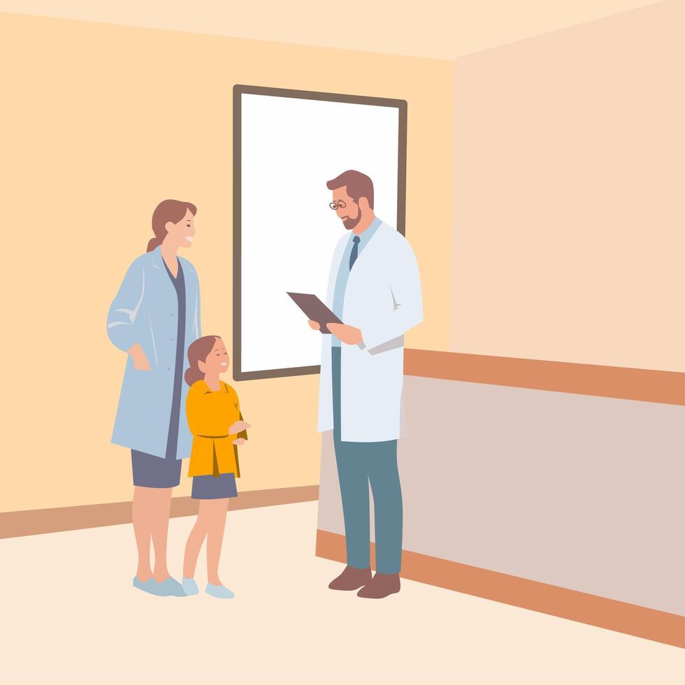 Illustration of a doctor consulting with a woman and young girl in a clinical setting. Ideal for healthcare, pediatric care, and family doctor visit concepts vector