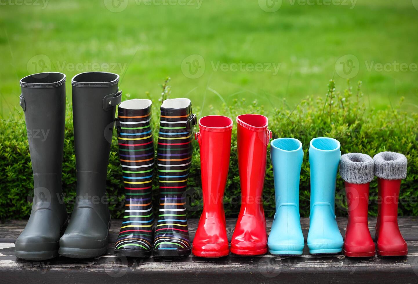Five pairs of a colorful rain boots photo