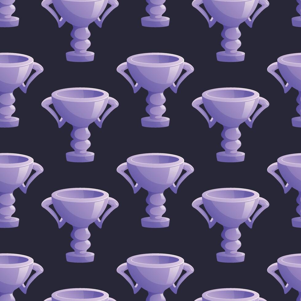 Silver trophy cup of the winner. Competition award, goblet with handles. seamless cartoon pattern illustration. vector