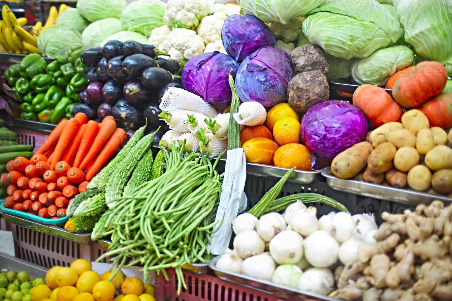 Vegetables and fruits at open air market photo