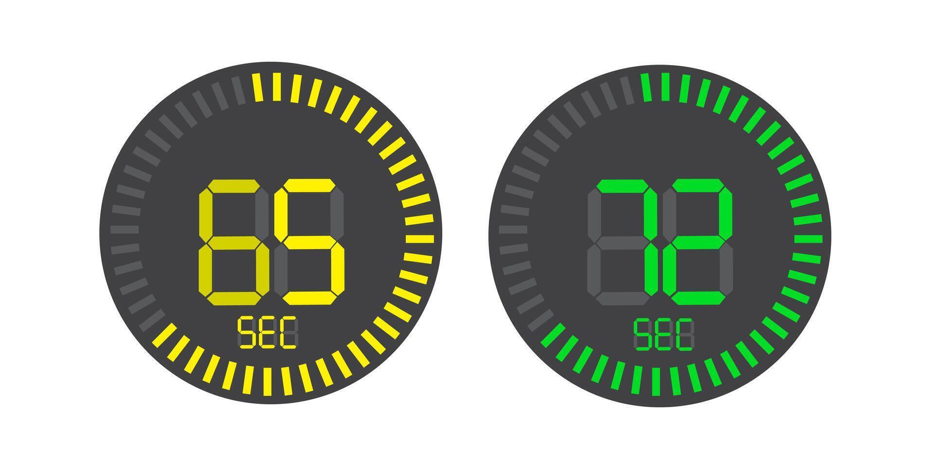Set of timers. Full rotation arrow timer diagram from 5 second or minutes to 60. Colored flat icons. Modern illustration flat style vector