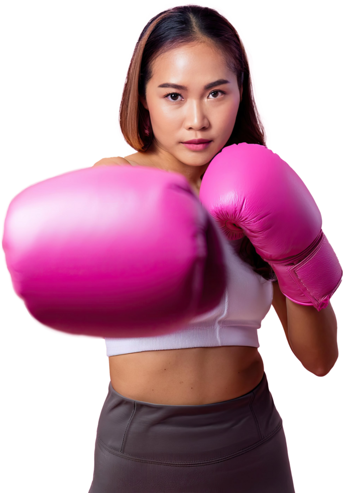 Asian girl with pink boxing glove fighting punch for healthy October Breast Cancer Awareness month png