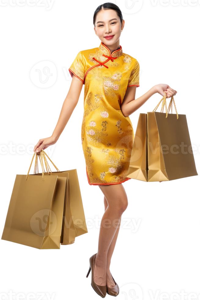 Chinese Girl wearing shopGold Cheongsam Chinese traditional dress Happy and smile shopping png