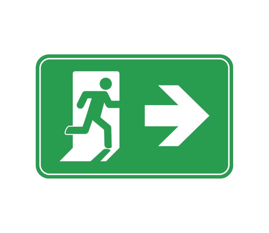 A green exit sign with a man running in the direction of the exit vector
