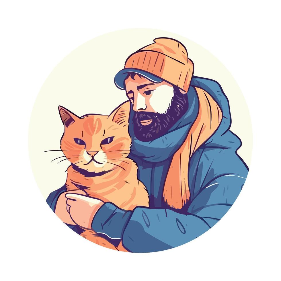 A man with a beard and hat holding a cat vector