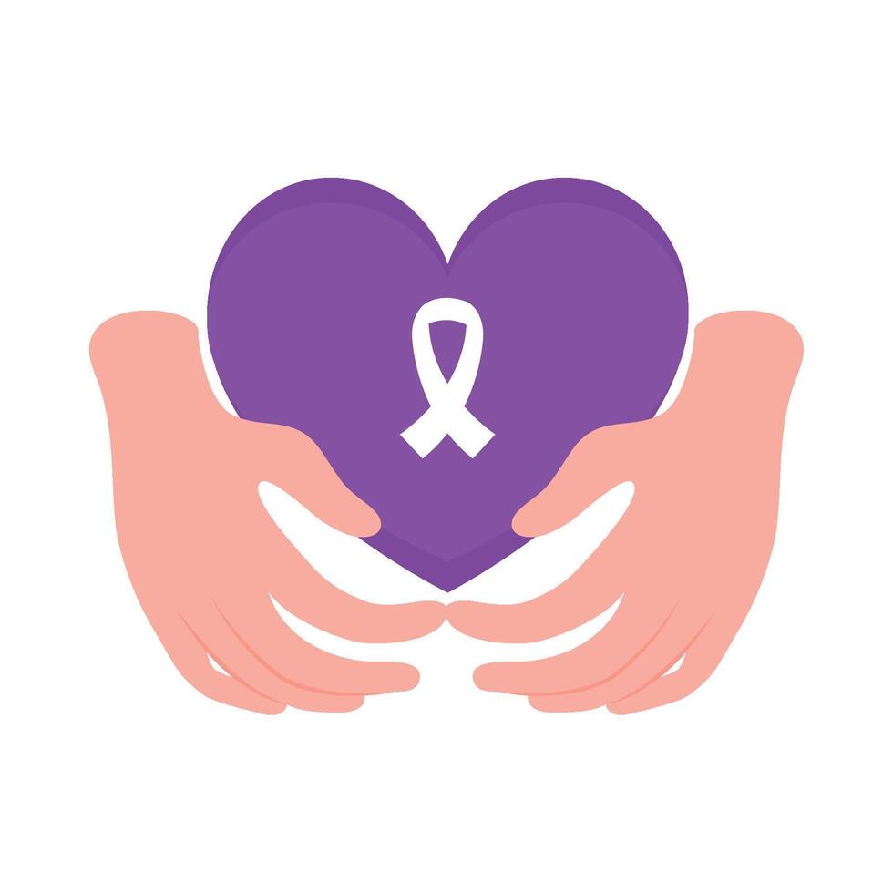 Two hands holding a purple ribbon in the shape of a heart 49567247
