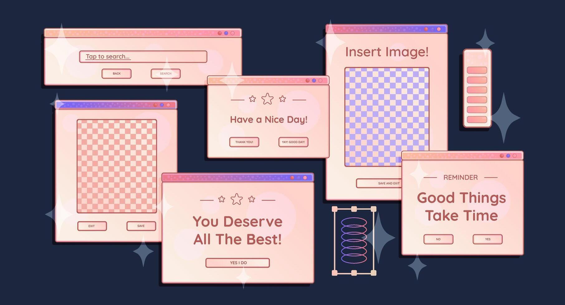 Computer screens, opened windows with short phrases and elements, loading bars. Graphic design stickers and decorations. vector