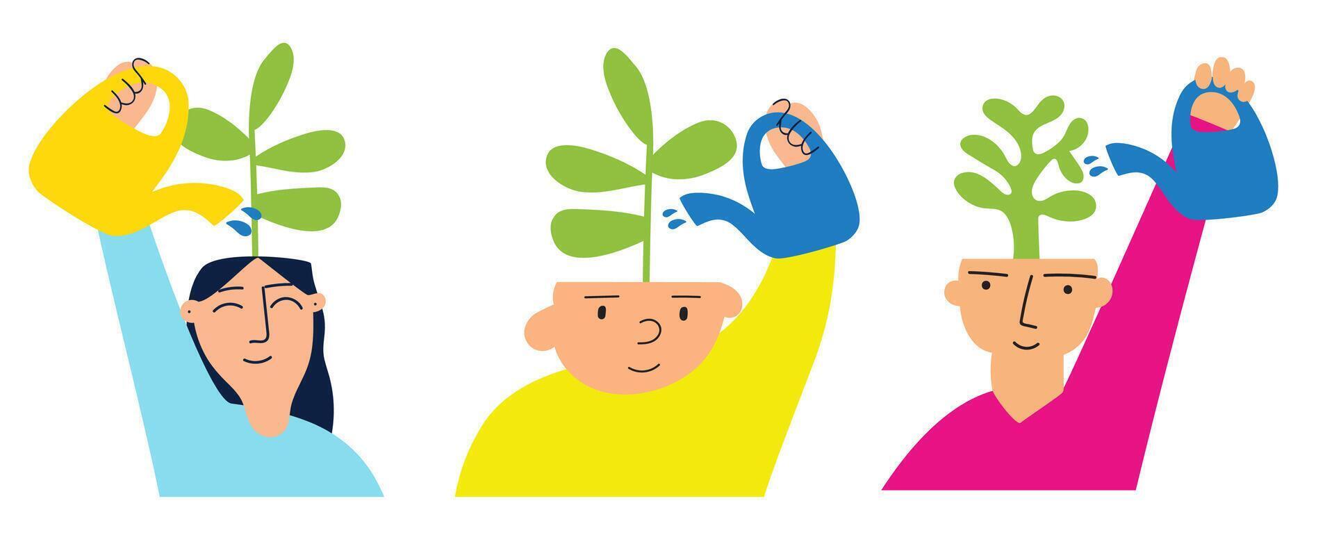 People growing positive emotions in their heads. Flat design. Mental health. Positive emotion. Illustration on white background. vector