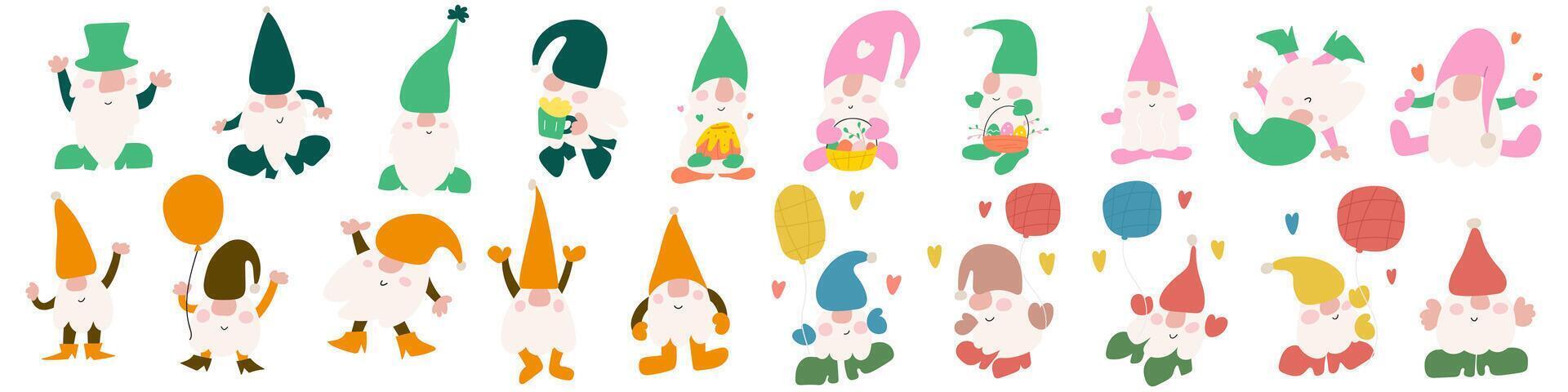 Big set of cute funny gnomes. Different holidays. Easter, Halloween, St. Patrick's day, St. Valentine's day. Hand drawn illustrations on white background. vector