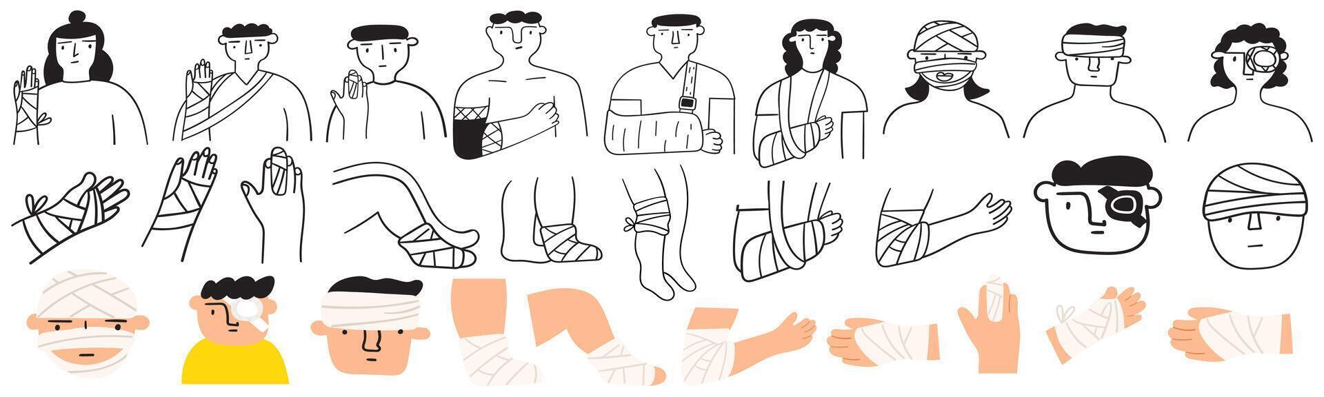 Different injuries. Set of flat and outline icons. Hand drawn illustrations on white background. vector