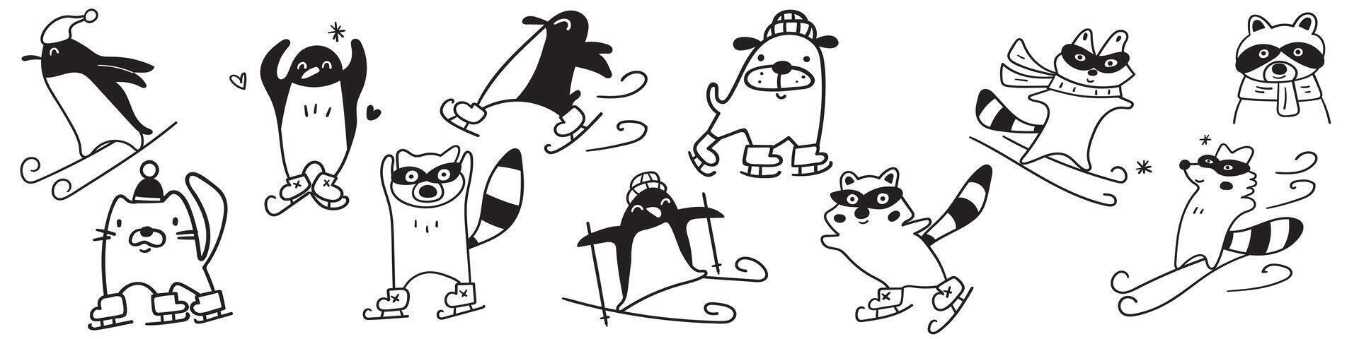 Funny illustrations. Ice skating and skiing raccoons penguins and dogs. Set of cute characters. graphic design on white background. vector