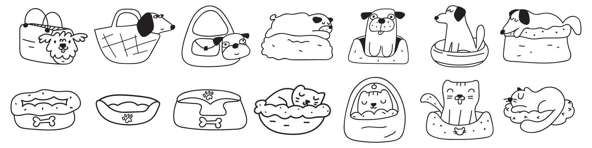 Big collection of Dogs and cats. Outdoor beds and carrier bags for pets. Outline icons. graphic design illustrations on white background. vector
