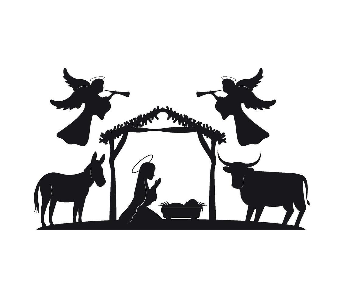 Nativity scene with an angel, donkey, and ox vector