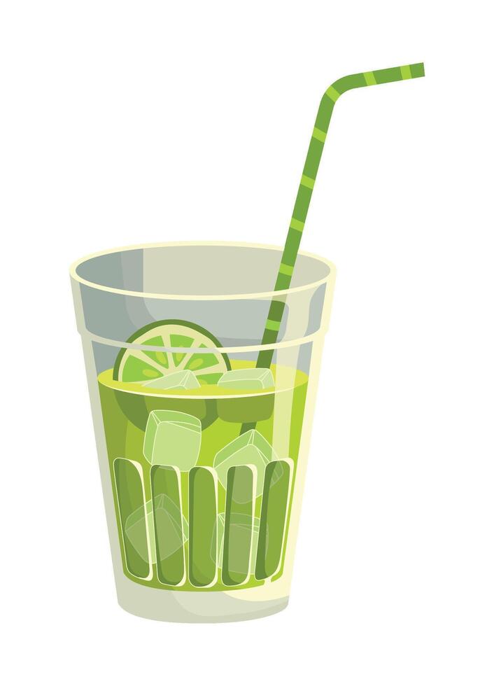 A glass of green drink with a straw and lime slice vector