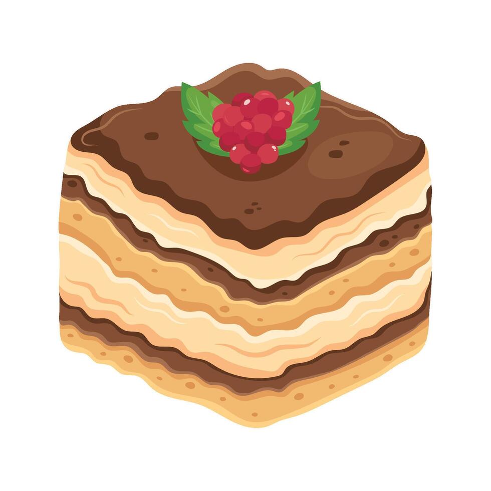 A piece of cake with chocolate frosting and berries vector