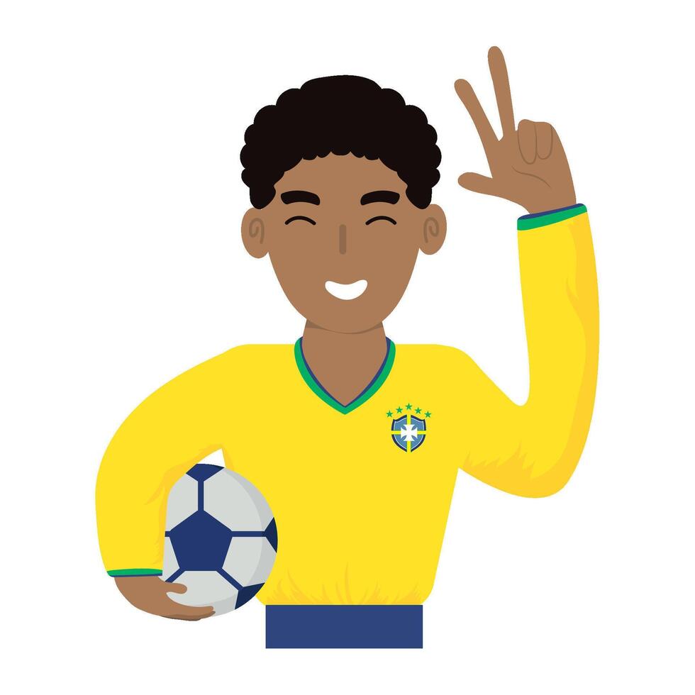 A cartoon brazilian soccer player holding a ball and giving the peace sign vector