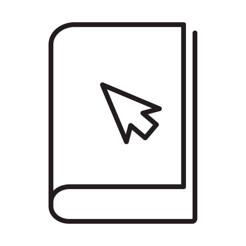 A black and white line icon of a book with a mouse cursor vector