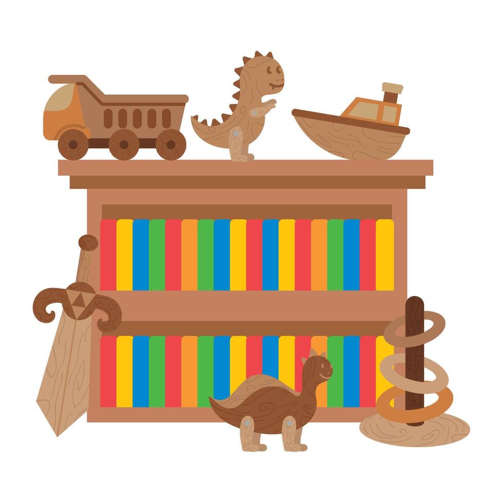 A wooden toy shelf with toys and books vector