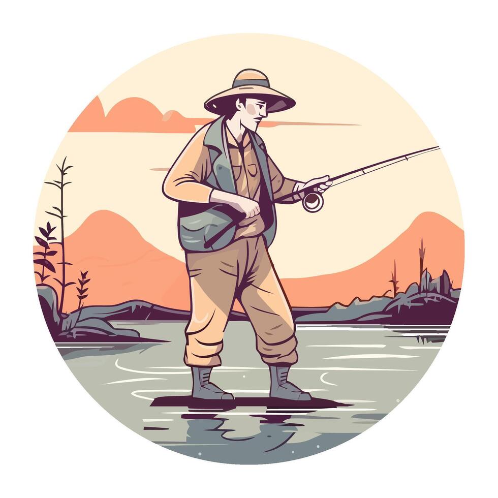 A man in a hat and hat is fishing vector