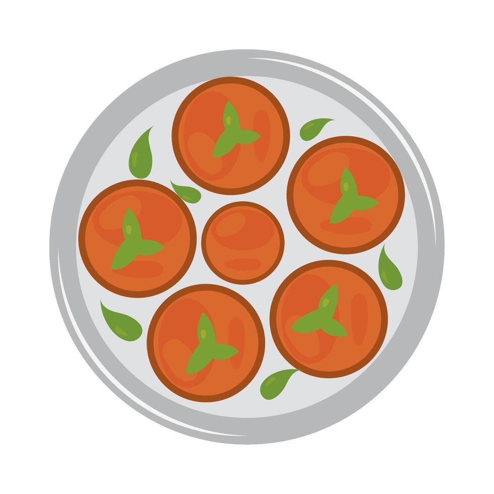 A plate with tomatoes and basil leaves on it vector