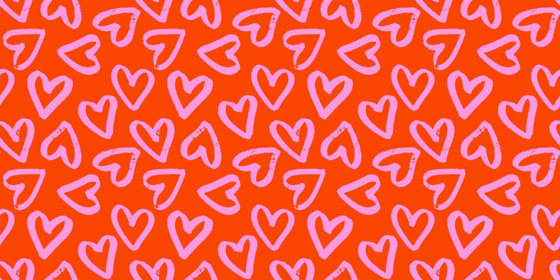 Seamless pattern with hand drawn cute hearts on red background. Romantic print, doodle texture elements, scribble. vector