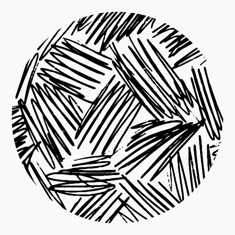 Round element with pencil hatching, doodle pattern on white background. Hand drawn circle, crosshatch, ink strokes, chaotic lines. vector