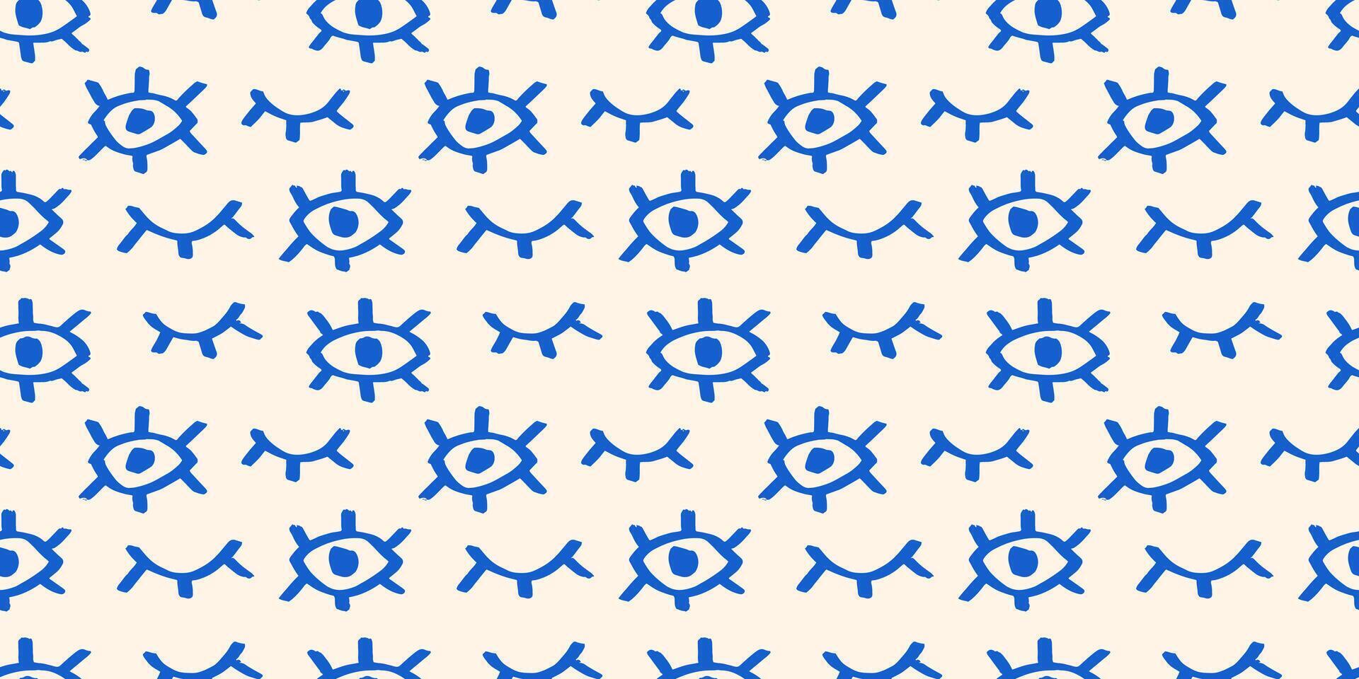Seamless pattern with different open and closed eyes. Textured brush strokes, grunge elements. Modern style, primitive naive drawing. vector