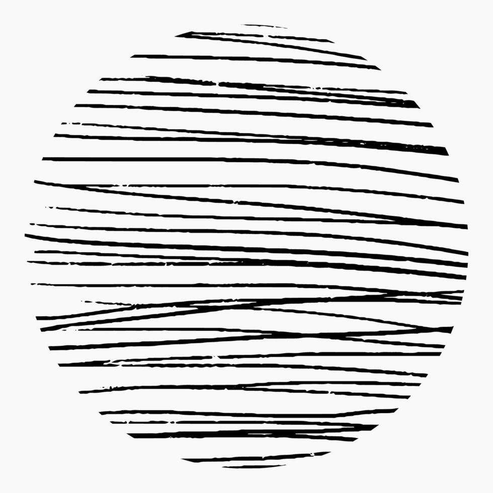Round element with pencil hatching, doodle pattern on white background. Hand-drawn element, horizontal crosshatch, chaotic strokes. vector