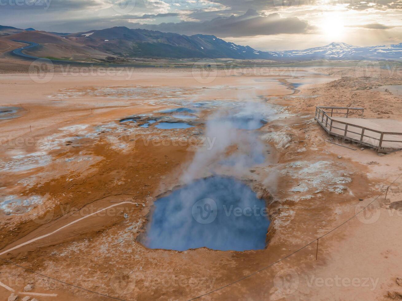 A stunning aerial view of a blue hot spring surrounded by brown rocky terrain in Iceland. A wooden walkway for tourists and rising steam create a dramatic atmosphere. photo