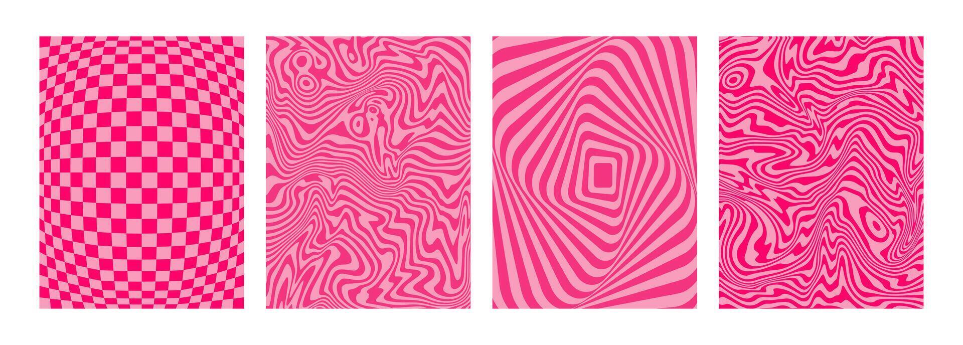 Psychedelic trippy pink background. Y2k glamour aesthetic. 2000s. Girly doll mood. Liquify effect. Groovy checkered board. Hypnotic illusion. Backdrop, banner, cover, card. vector