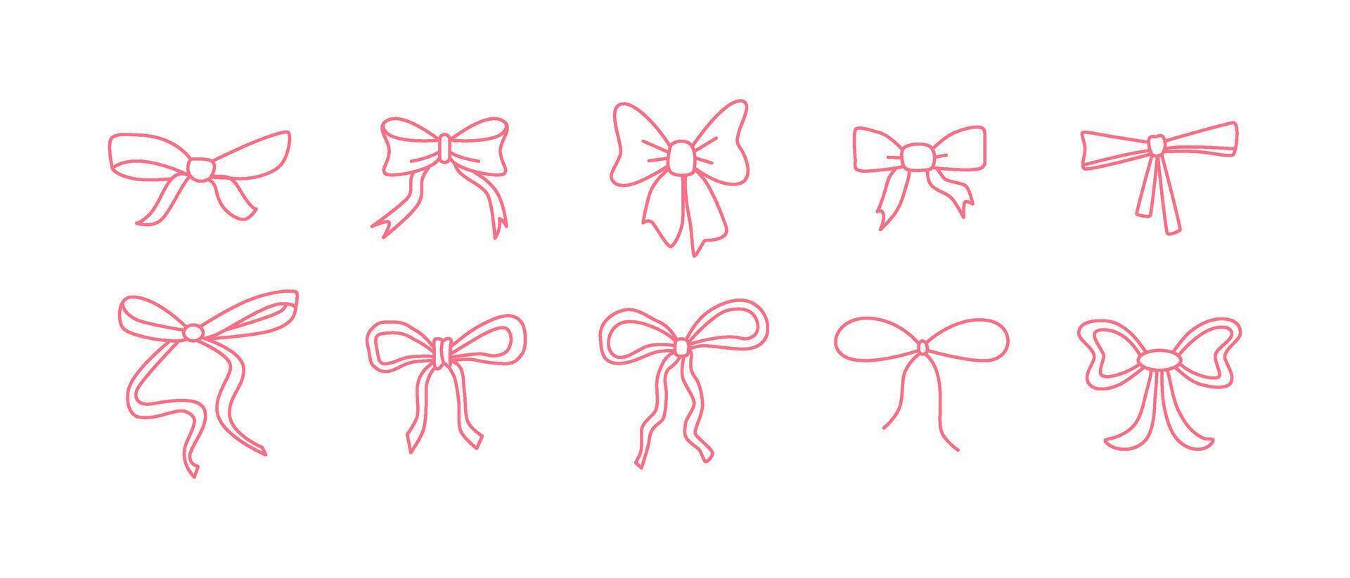 Outline coquette girly bows and ribbons. Y2k glamour style. Retro line art, contour, sketch. Romantic doodles. Bows for present, gift or hair accessory. isolated on white. vector
