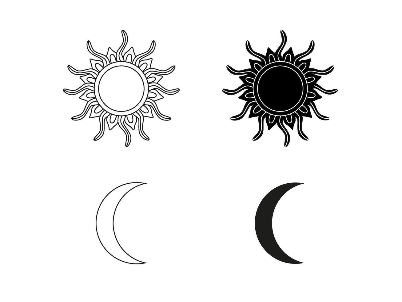 Linear sun and moon. Bohemian mysterious elements. Celestial symbols. Cosmic outline drawing. isolated on white. vector