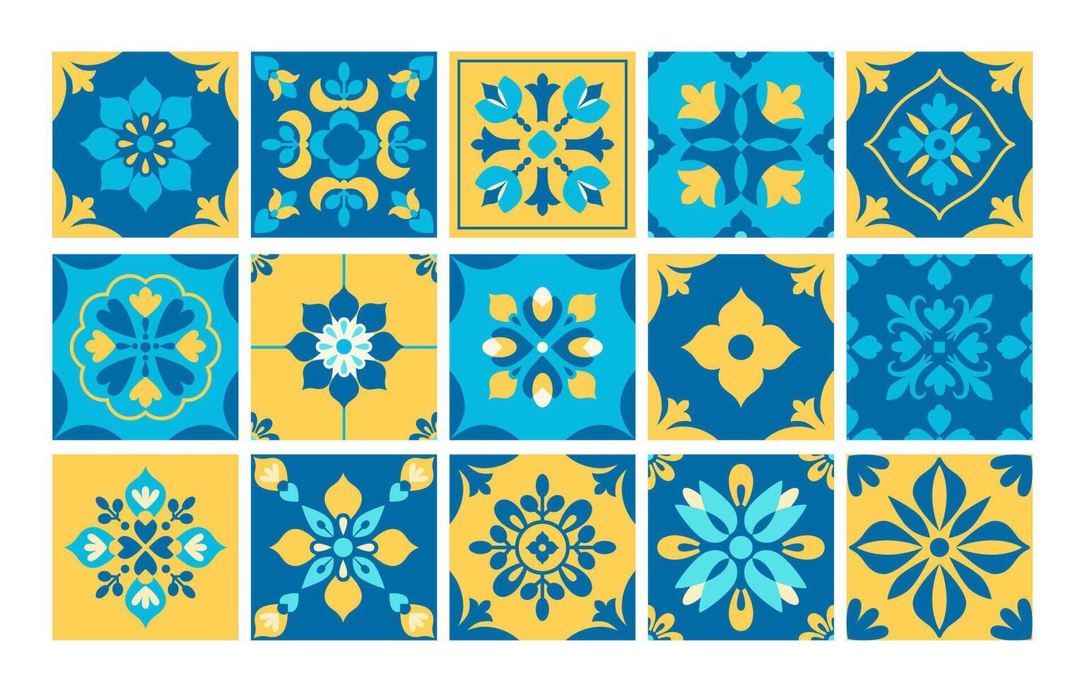 Mediterranean traditional folk ornament. Blue and yellow tiles background. Abstract geometric floral pattern. Italian, Portuguese, Spanish porcelain pottery. Mosaic. illustration vector
