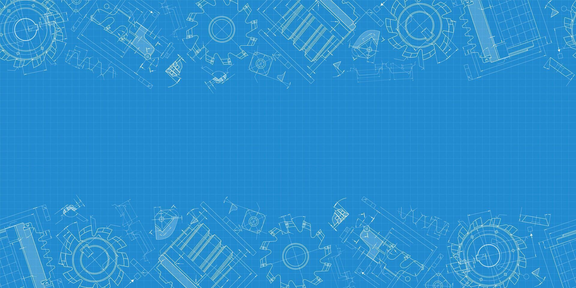 Mechanical engineering drawings on blue background. Cutting tools, milling cutter. Technical Design. Cover. Blueprint. Horizontal seamless pattern. illustration vector