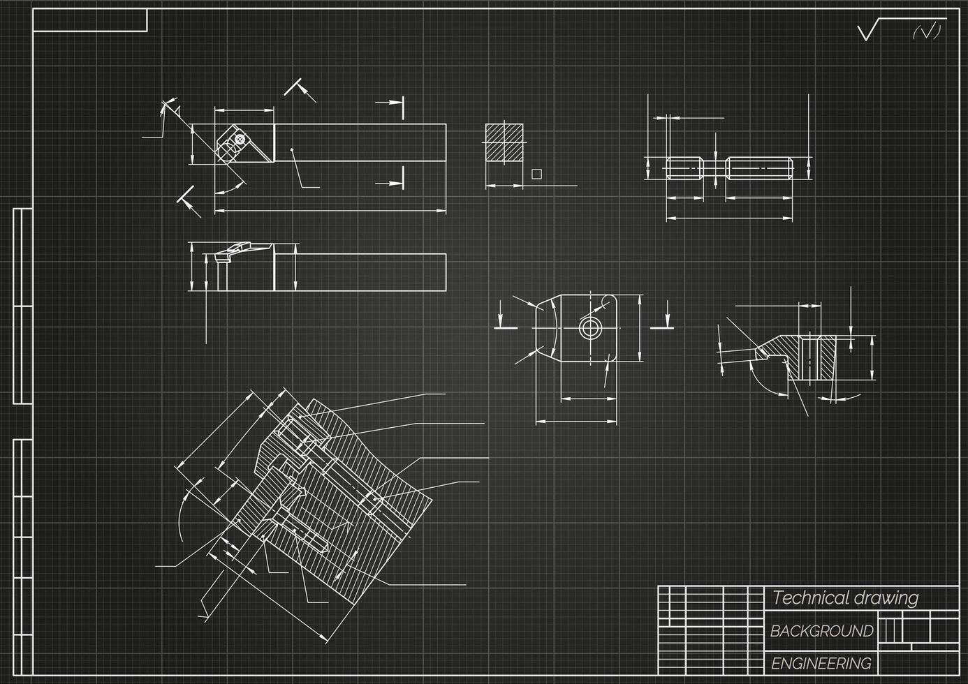 Mechanical engineering drawings on light background. Cutter, assembly tool with replaceable multi-faceted plate. Technical Design. Cover. Blueprint. illustration vector