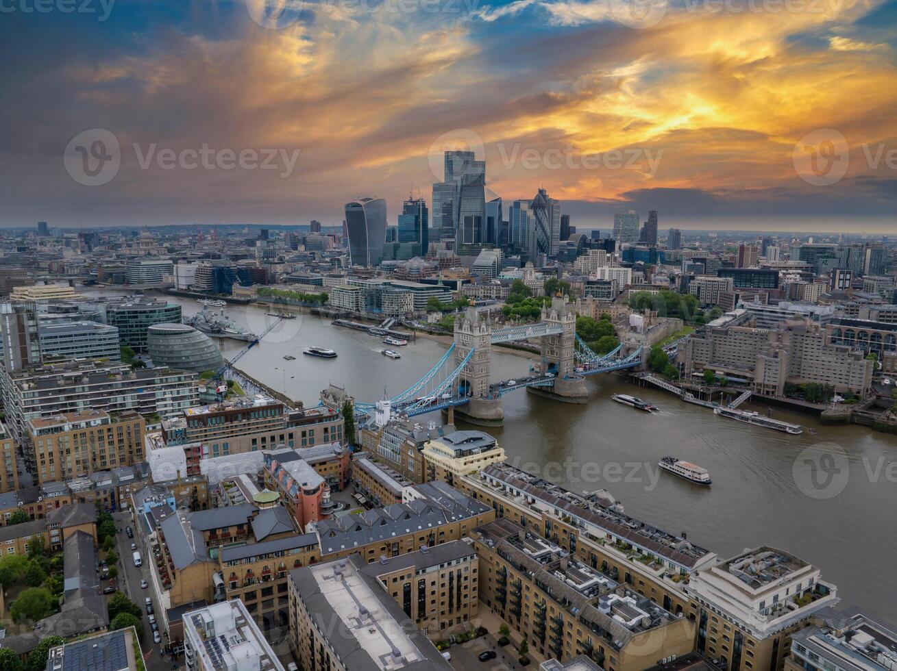Aerial view of the Tower bridge in London, UK. The center of London over river Thames. Capital of Great Britain. photo