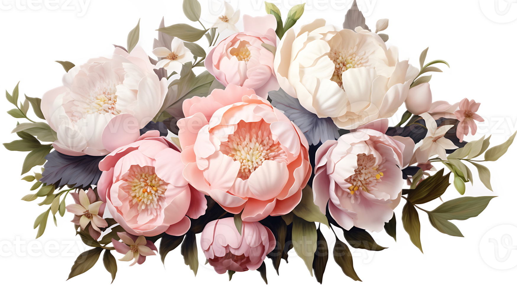 A bouquet of peonies and hydrangeas in pastel colors on a transparent background png