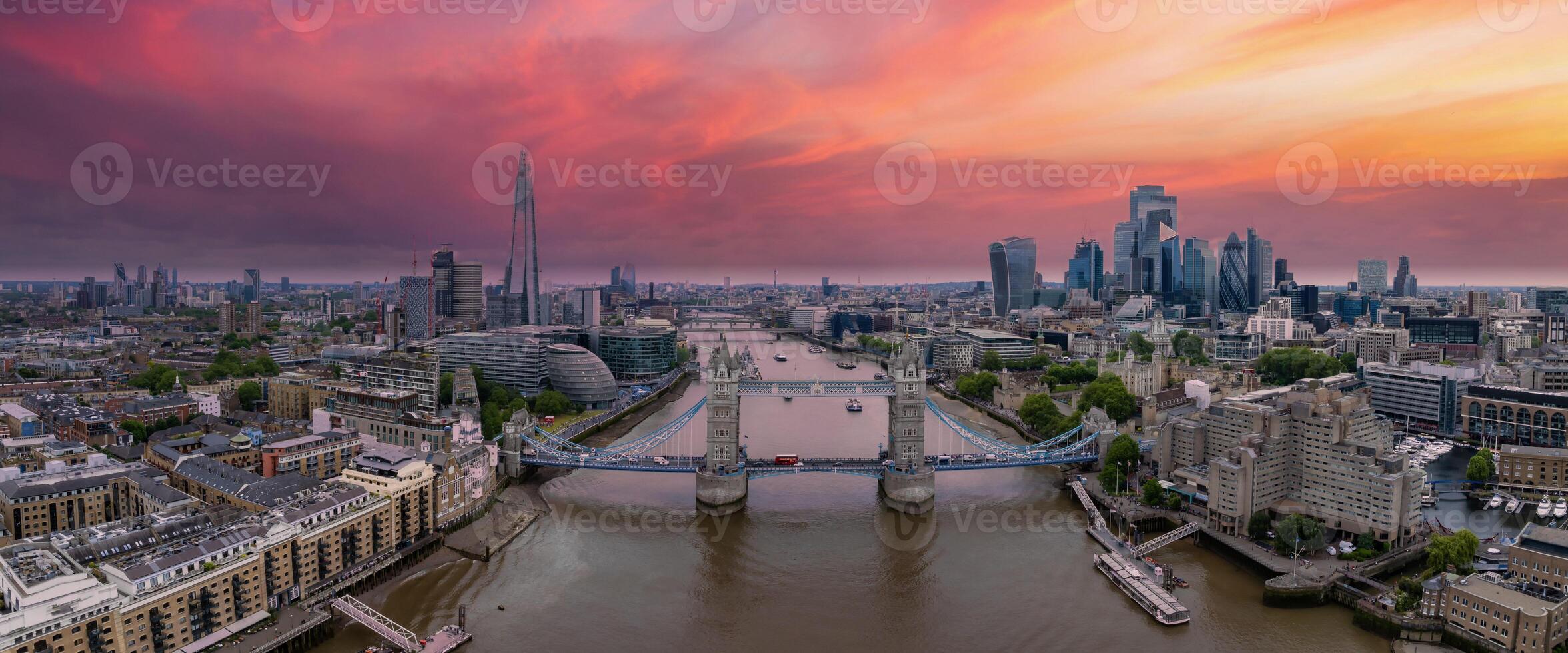 Aerial view of the Tower bridge in London, UK. The center of London over river Thames. Capital of Great Britain. photo