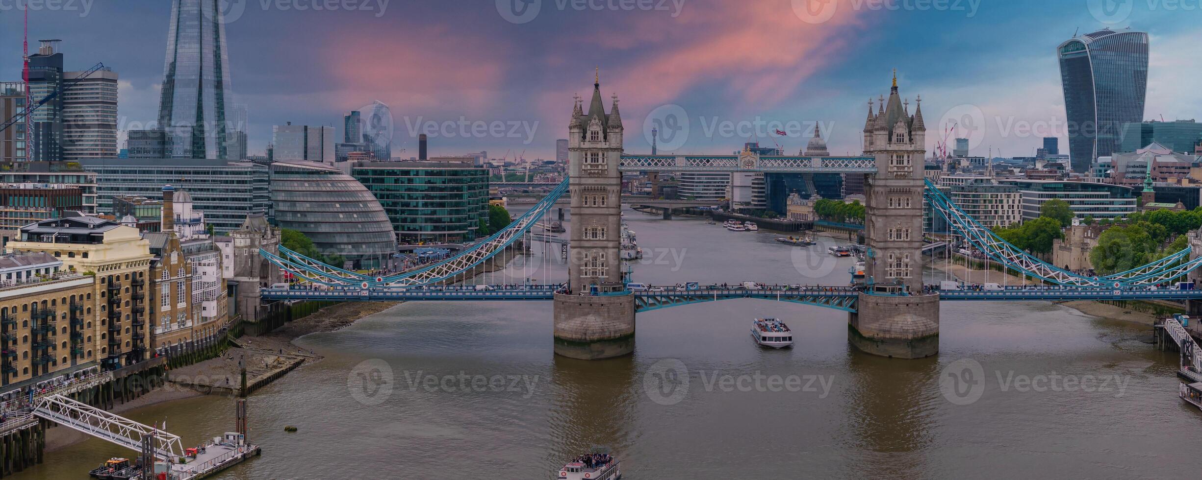 Aerial view of the Tower bridge in London, UK. The center of London over river Thames. Capital of Great Britain. photo