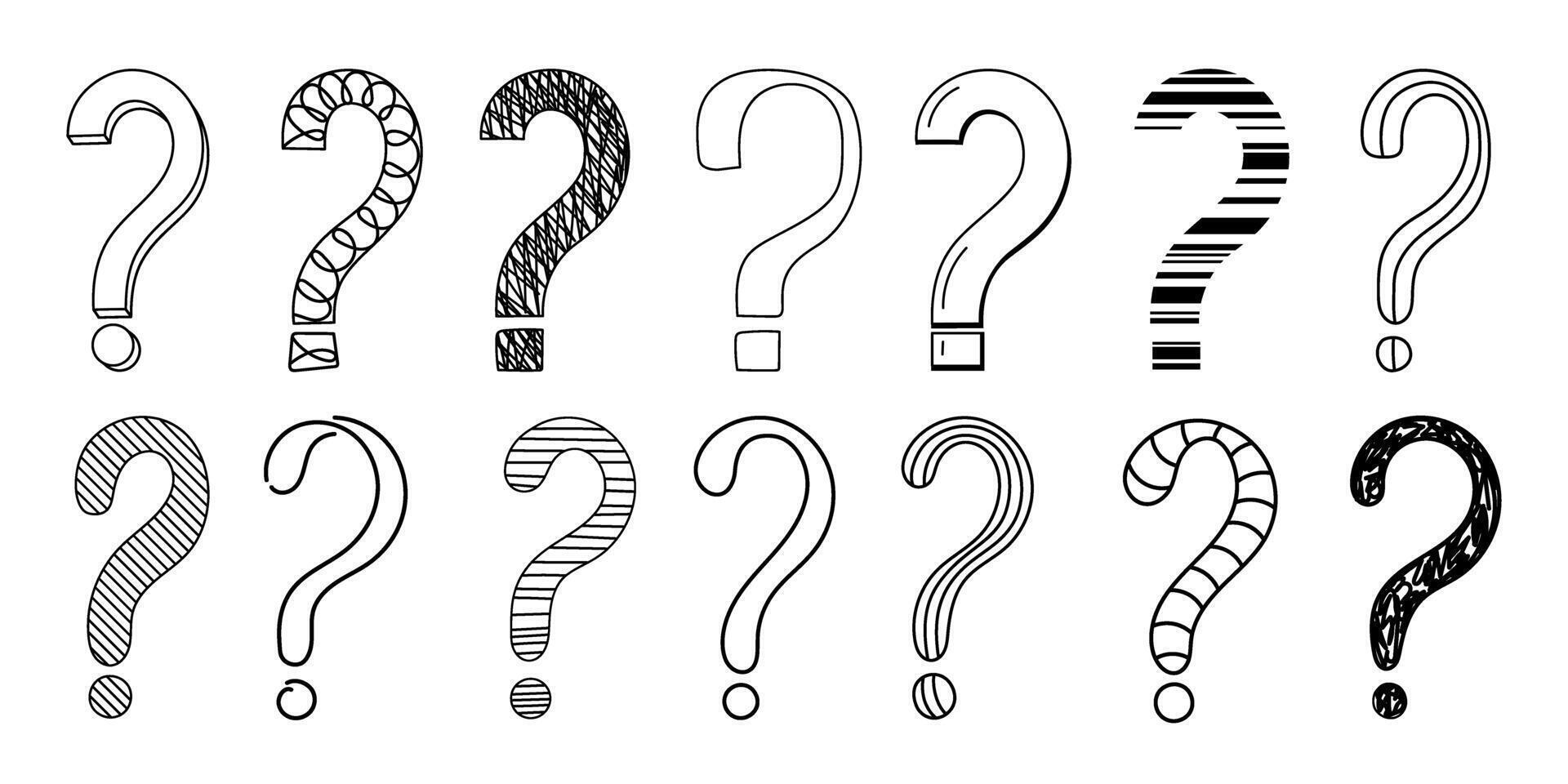 Doodle question mark hand drawn sketch illustration set isolated on white background. vector