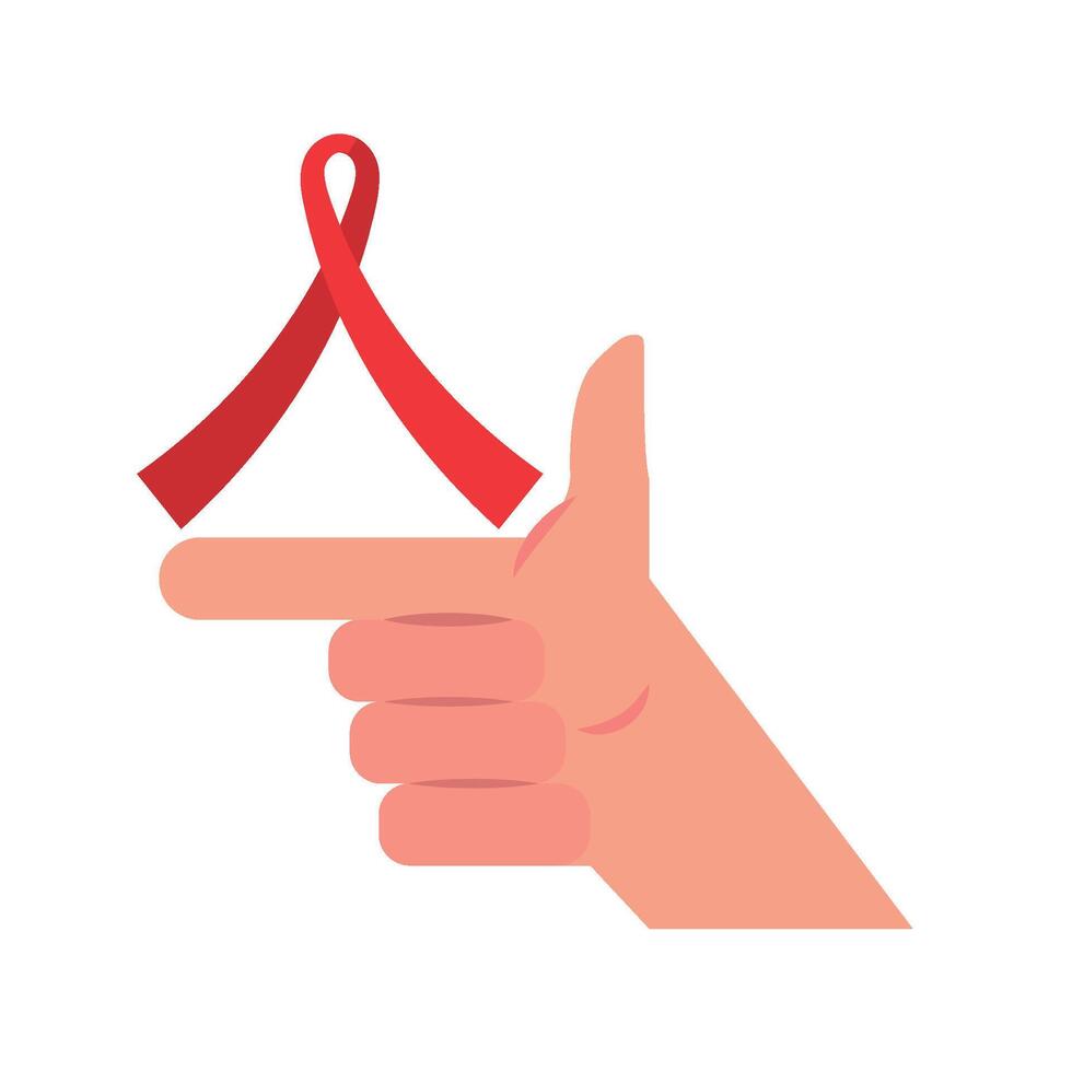 A hand holding a red ribbon and pointing at it vector