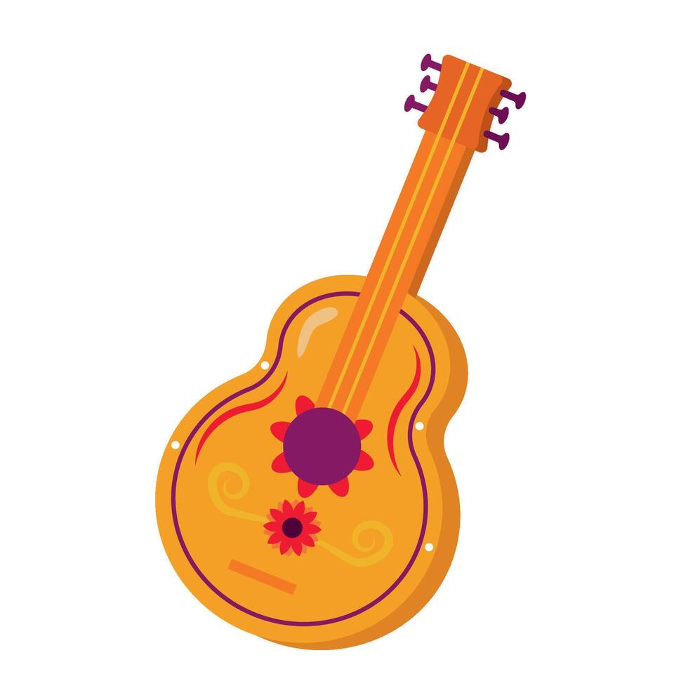 An orange guitar with a purple flower on it vector
