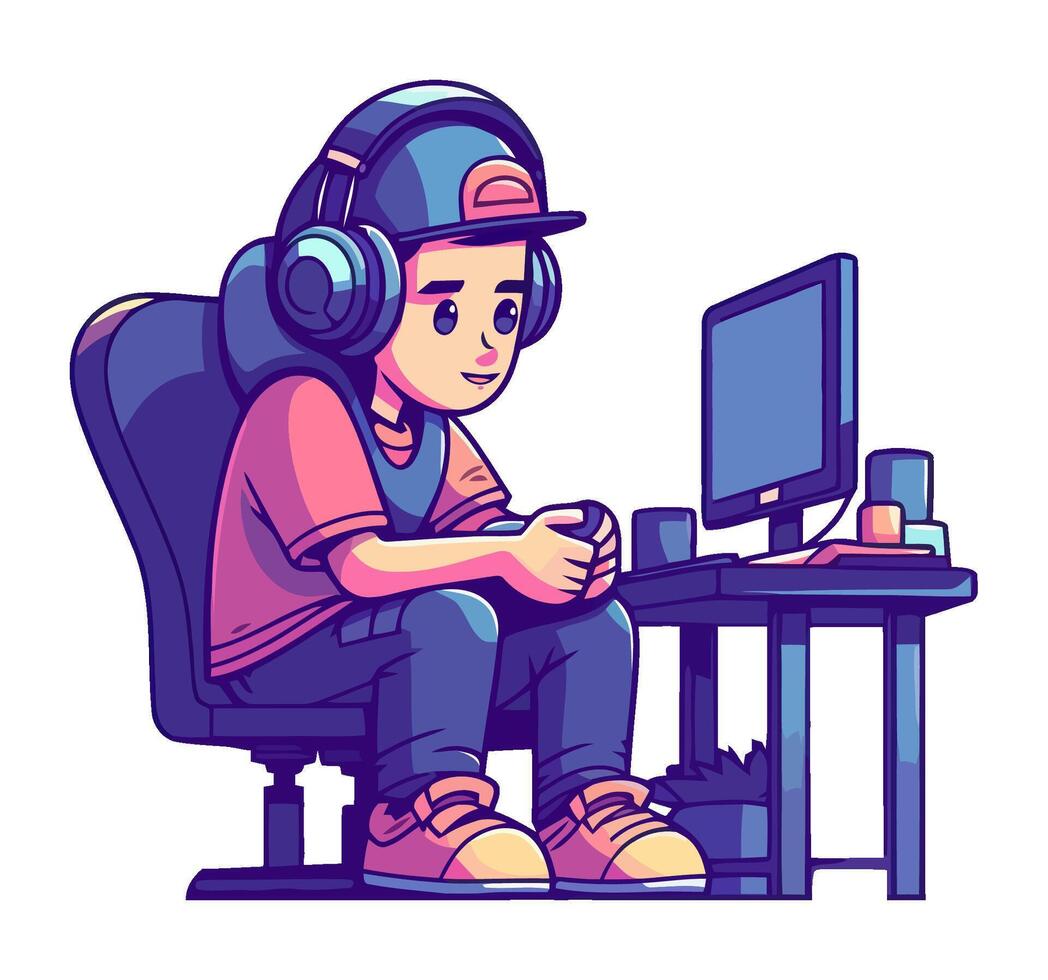 A man in headphones sitting at a desk with a computer vector