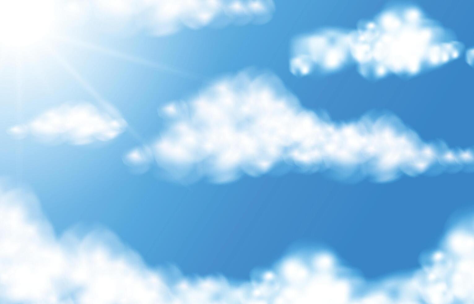 Blue sky background with white clouds and sun rays vector