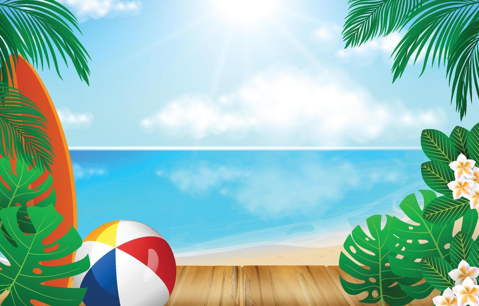 Summer background with palm leaves and beach ball vector