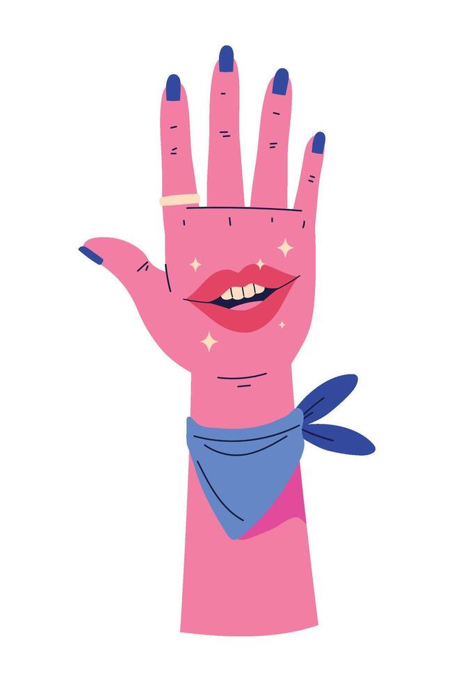 A cartoon hand with a pink face and blue bandana vector