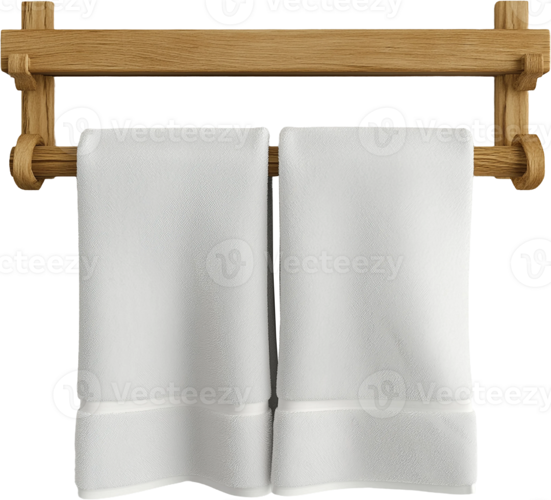 white towels hanging on a wooden rack png