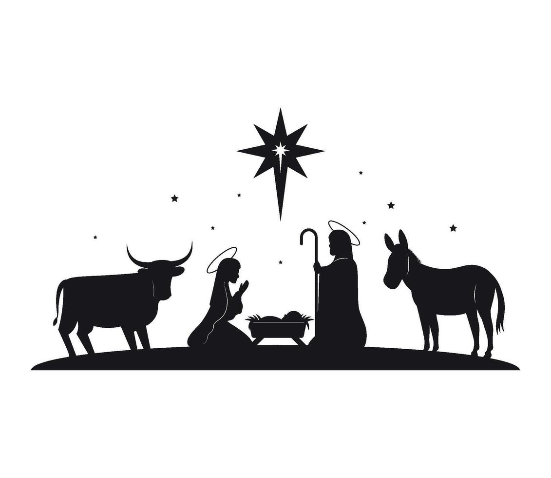 Nativity scene with three animals and a star vector